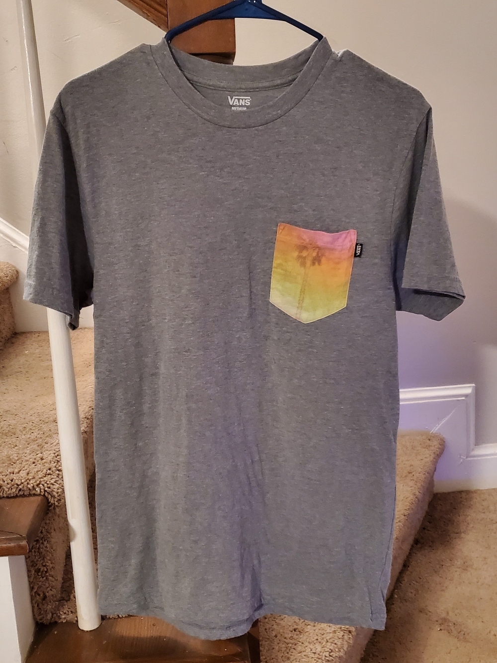 Vans Gray Short-Sleeve Tee with Rainbow Tie-Dye Pocket Medium Beach scene